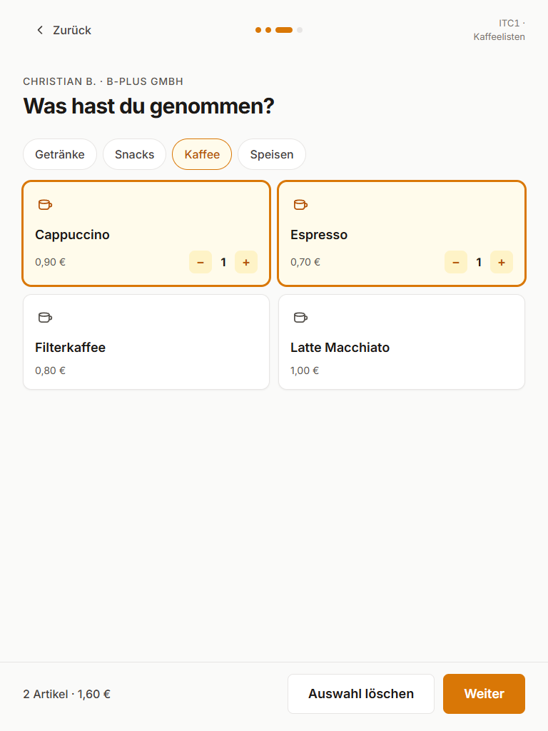 Kaffeelisten item selection on iPad